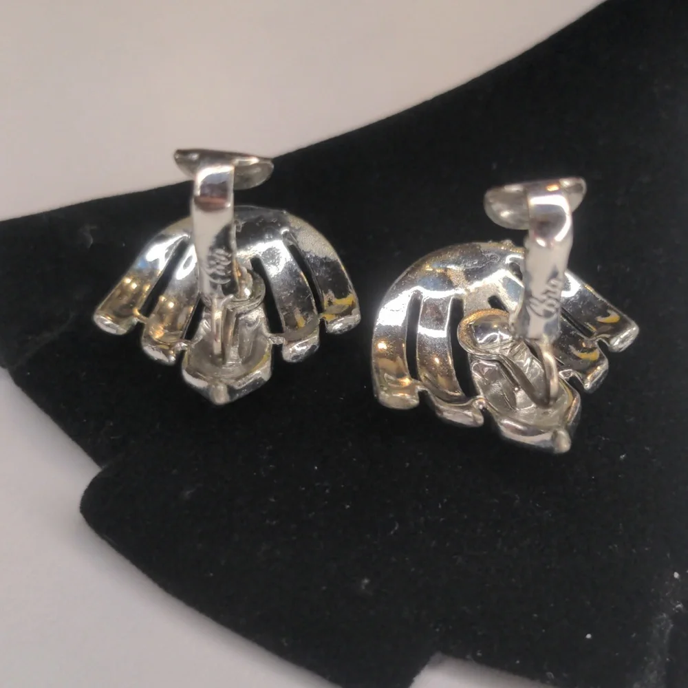 Vintage Coro Earrings Silver Art Deco Fan Sea Shell Clip On Mid Centiry Modern